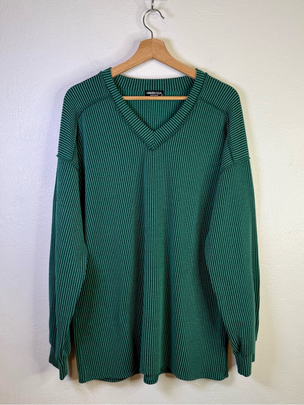Heimish USA Emerald Green V-Neck Ribbed Slouchy Oversized Sweater Size Large - Picture 2 of 16